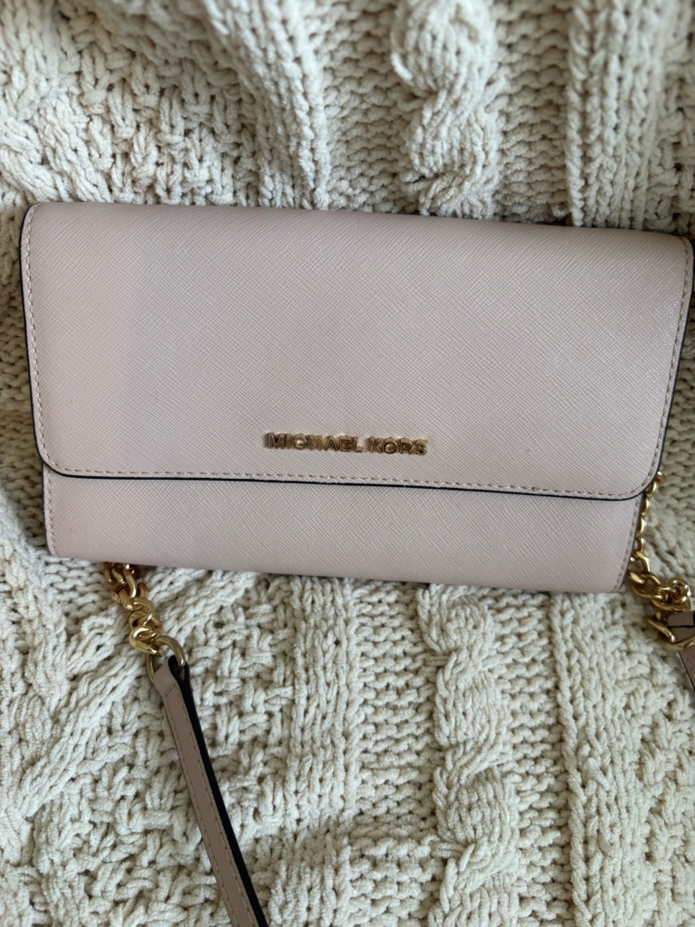 Michael Kors Blush Saffiano Crossbody Wallet with Gold Chain